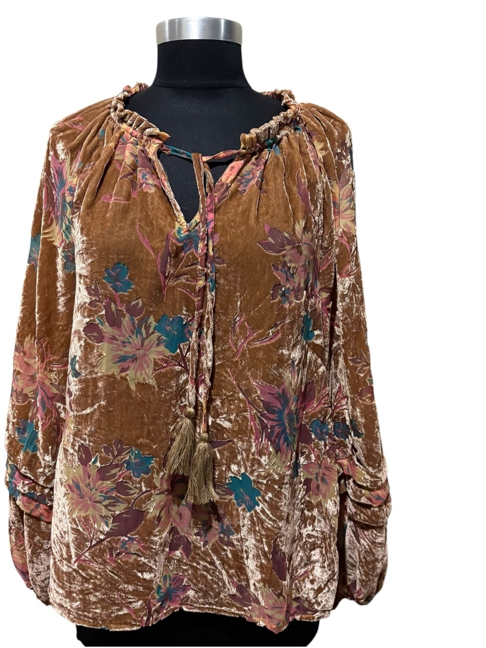 Fate burnout Velvet Floral Peasant Blouse with Tassel Tie size S